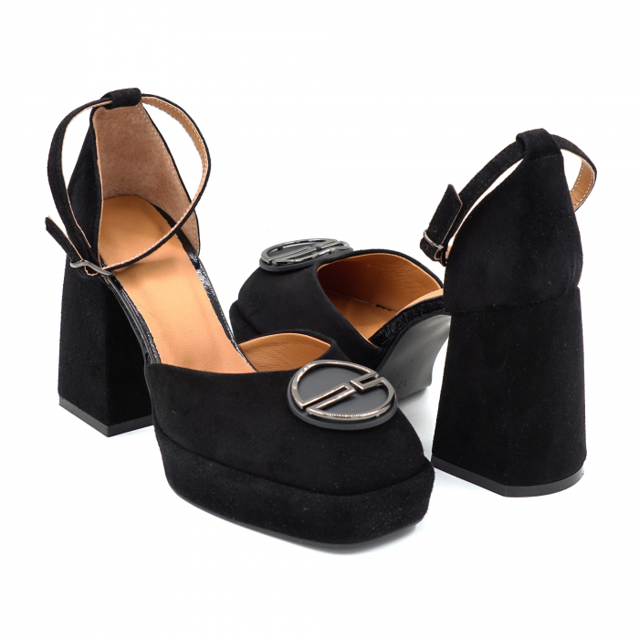 Sandale dama din piele naturala intoarsa neagra cu varf patrat, platforma de 2 cm si toc inalt gros imbracat de 9 cm 1045-25 [4]