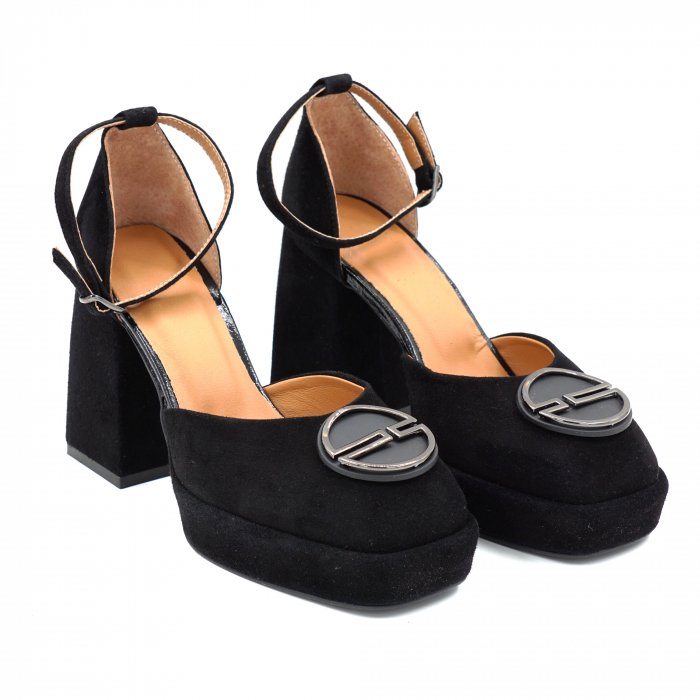 Sandale dama din piele naturala intoarsa neagra cu varf patrat, platforma de 2 cm si toc inalt gros imbracat de 9 cm 1045-25 [3]