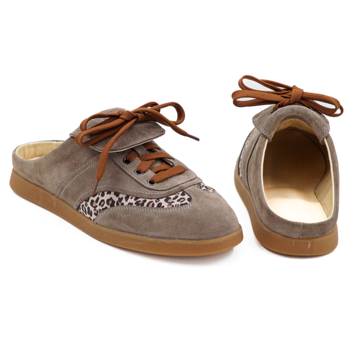 Slapi dama din piele naturala intoarsa grej si cu imprimeu animal print, cu varf rotund si talpa joasa 3 cm 1326-26 [5]