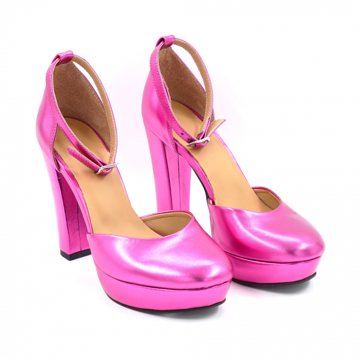 Sandale dama din piele naturala fucsia metalizata cu varf rotund, platforma de 2 cm si toc inalt gros imbracat de 11 cm 1093-25 [3]