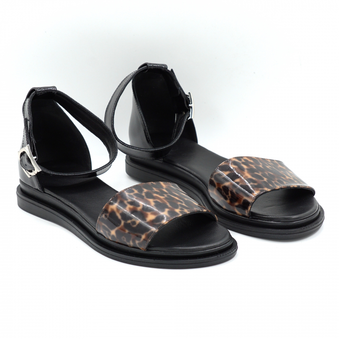 Sandale dama din piele naturala lacuita neagra si cu imprimeu animal print cu varf rotund si talpa 2 cm 4721-25 [3]