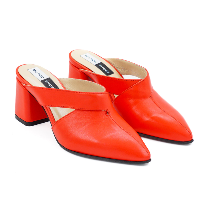Saboti dama din piele naturala corai, cu varf ascutit stiletto si toc mic gros imbracat 6 cm 2926-1-26 [3]