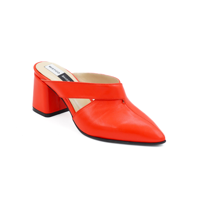 Saboti dama din piele naturala corai, cu varf ascutit stiletto si toc mic gros imbracat 6 cm 2926-1-26 [2]