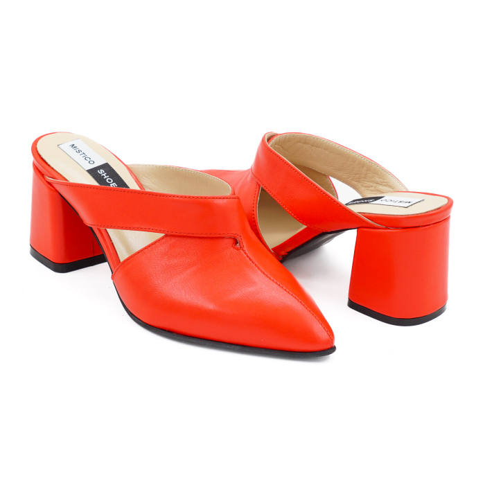 Saboti dama din piele naturala corai, cu varf ascutit stiletto si toc mic gros imbracat 6 cm 2926-1-26 [4]