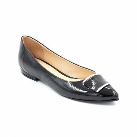Pantofi dama tip balerini din piele naturala lacuita neagra cu varf ascutit stileto si toc mic gros imbracat 1 cm 51424-24 [1]