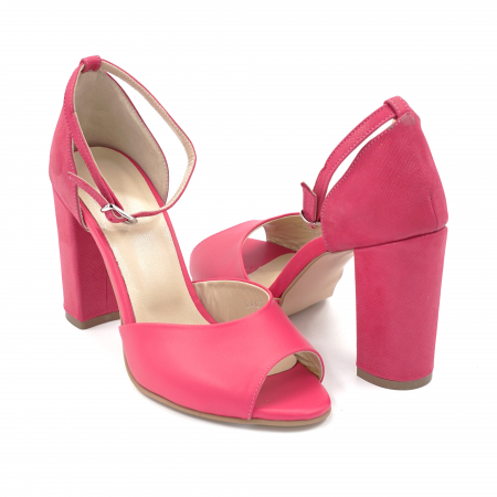 Sandale dama din piele naturala fucsia metalizata cu varf rotund si toc inalt gros imbracat 9 cm  1064-1-24 [3]