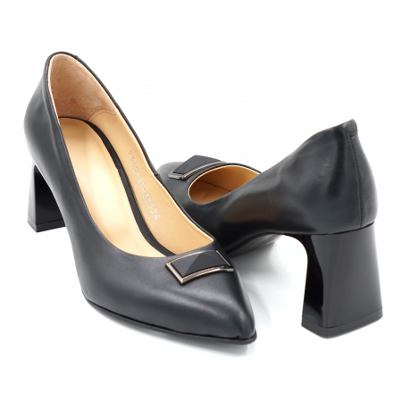 Dama - Pantofi dama din piele naturala neagra cu varf ascutit stileto si toc mic gros tip bricheta 6 cm 50524-3-24