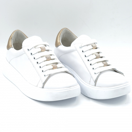 Pantofi dama - Pantofi dama tip adidas din piele naturala alba si aurie cu varf rotund si talpa 3 cm 63221-4-24