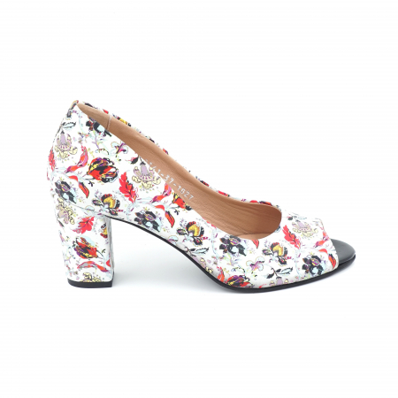 Sandale dama - Pantofi dama decupati din piele intoarsa imprimeu floral cu varf rotund si toc mediu gros imbracat 7 cm 1027-2-24