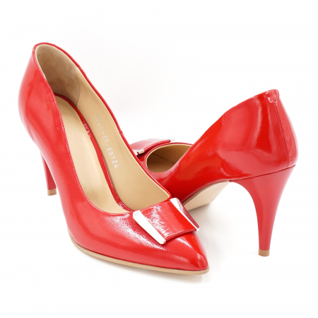 Dama - Pantofi dama din piele naturala lacuita rosie cu varf ascutit stileto si toc mediu subtire 7 cm 50724-24