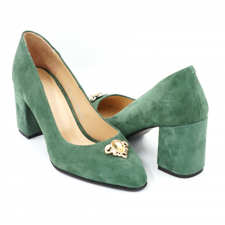 Pantofi elegant & office dama - Pantofi dama din piele naturala intoarsa verde menta cu varf ascutit si toc mediu gros imbracat 7 cm 51324-24
