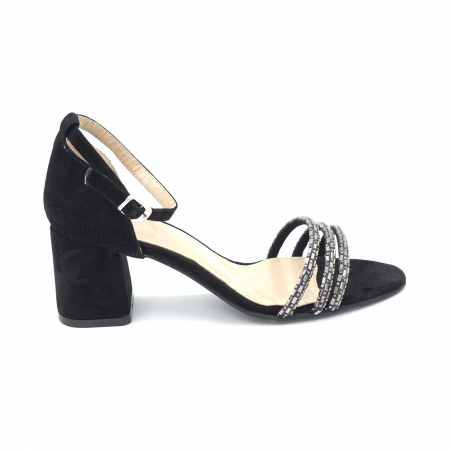 Sandale dama din piele naturala intoarsa neagra si strasuri fumurii cu varf semirotund si toc mic gros imbracat 6 cm  1061-24 [2]