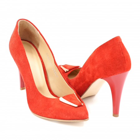 Dama - Pantofi dama din piele naturala intoarsa rosie cu varf ascutit stileto si toc inalt subtire 9 cm 50824-3-24