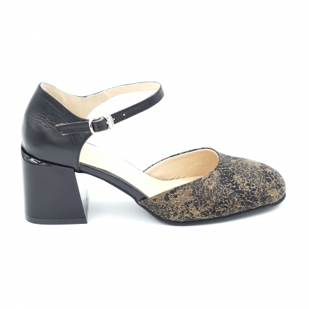 Sandale dama - Sandale dama din piele naturala lacuita neagra si texturata negru cu kaki cu varf rotund si toc mic gros 6 cm  1043-24