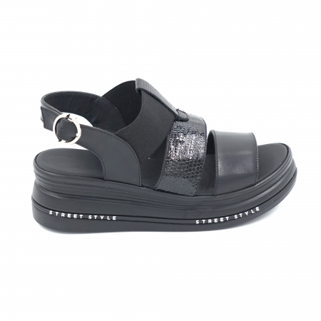 Sandale casual & sport dama - Sandale dama din piele naturala neagra si lac negru cu varf rotund si talpa inalta 6 cm 2321-1-24