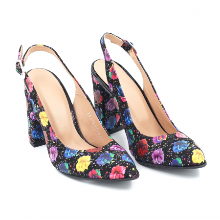Sandale dama din piele naturala cu imprimeu floral cu varf ascutit stileto si toc inalt gros imbracat 9 cm  0124-10-24 [1]