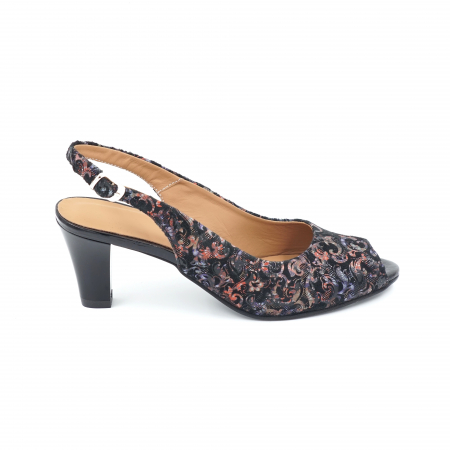 Sandale dama - Sandale dama din piele naturala cu imprimeu floral cu varf rotund si toc mic gros 5 cm 1026-11-24