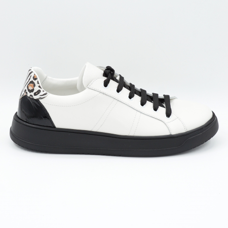Dama - Pantofi dama tip adidas din piele naturala alba, lacuita neagra si animal printcu varf rotund si talpa 3 cm  50621-1-24