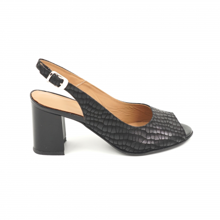 Sandale dama - Sandale dama din piele naturala neagra cu imprimeu croco cu varf rotund si toc mic gros 6 cm 1026-3-24