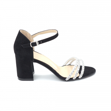 Lichidare stocuri - Sandale dama din piele naturala intoarsa neagra si strasuri argintii cu varf rotund si toc mic gros imbracat 6 cm 1063-24