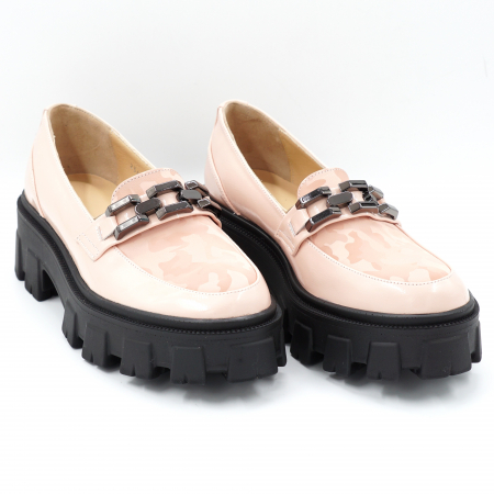 Pantofi dama casual loafers din piele naturala bej roze si cu imprimeu cu varf rotund si talpa inalta 6 cm 63120-24 [2]