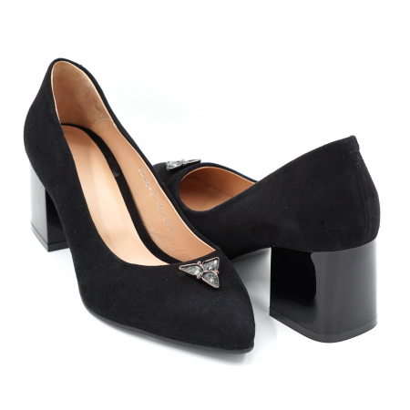Pantofi dama - Pantofi dama din piele naturala intoarsa neagra cu varf ascutit stileto si toc mic gros 6 cm 51524-3-24