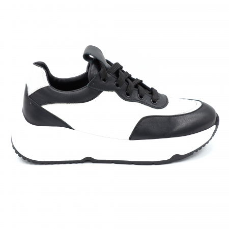 Dama - Pantofi dama tip adidas din piele naturala alba si neagra cu varf rotund si talpa 4 cm 51121-7-24