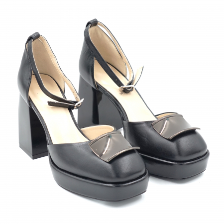 Sandale dama - Sandale dama din piele naturala neagra cu varf patrat, platforma 2 cm si toc inalt gros 9 cm 1082-24