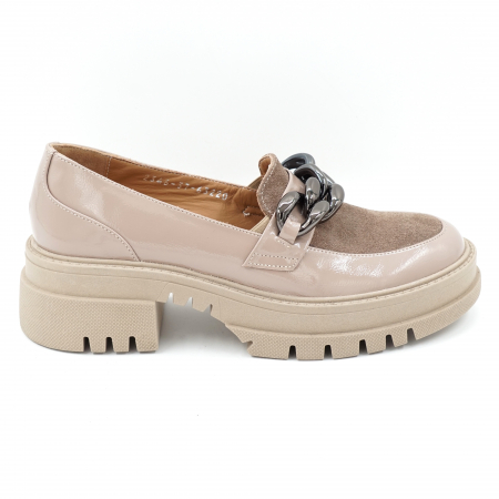Pantofi casual & sport dama - Pantofi dama casual loafers din piele naturala intoarsa si lacuita grej cu varf rotund si talpa inalta 5 cm 63220-24