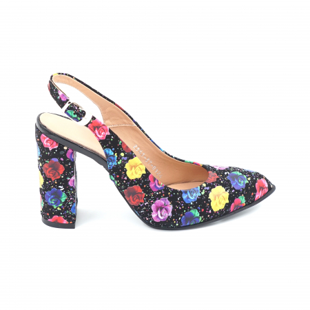 Sandale elegant & office dama - Sandale dama din piele naturala cu imprimeu floral cu varf ascutit stileto si toc inalt gros imbracat 9 cm  0124-10-24