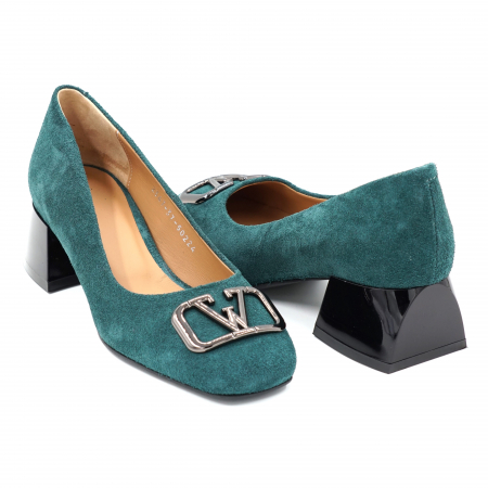Pantofi elegant & office dama - Pantofi dama din piele naturala intoarsa verde smarald cu varf patrat si toc mic gros 4 cm 50224-24