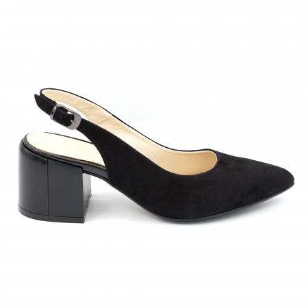 Sandale dama - Sandale dama din piele naturala intoarsa neagra cu varf ascutit stileto si toc mic gros 6 cm 0124-24