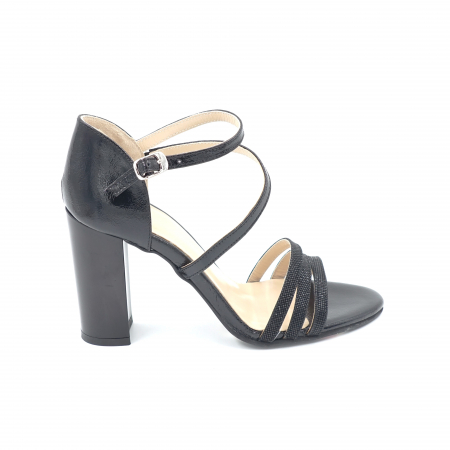 Sandale dama - Sandale dama din piele naturala lacuita neagra cu varf rotund si toc inalt gros 9 cm 1062-24