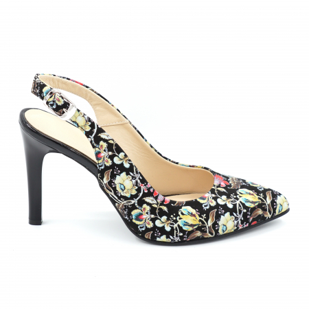 Sandale dama - Sandale dama din piele naturala cu imprimeu floral cu varf ascutit stileto si toc inalt subtire 9 cm 0124-6-24