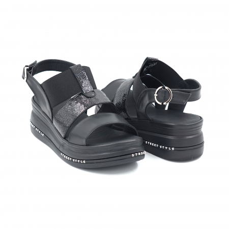 Sandale dama din piele naturala neagra si lac negru cu varf rotund si talpa inalta 6 cm 2321-1-24 [1]