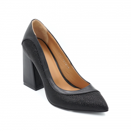 Pantofi dama din piele naturala neagra simpla si cu imprimeu cu varf ascutit stileto si toc inalt gros 9 cm 51519-24 [1]