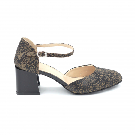Sandale dama - Sandale dama din piele naturala cu imprimeu negru si mustar cu varf rotund si toc mic gros 6 cm 1042-2-24