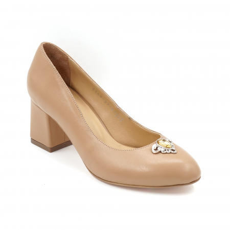 Pantofi dama din piele naturala bej maroniu cu varf rotund si toc mic gros imbracat 6 cm 51324-2-24 [2]