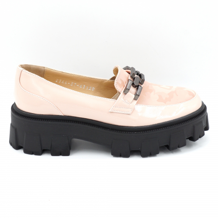 Pantofi casual & sport dama - Pantofi dama casual loafers din piele naturala bej roze si cu imprimeu cu varf rotund si talpa inalta 6 cm 63120-24