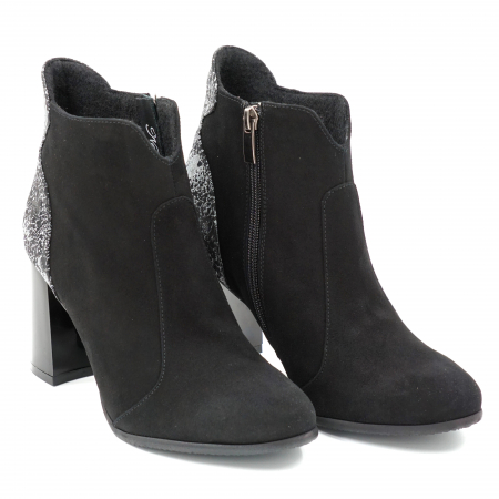 Ghete dama elegante din piele naturala intoarsa neagra si cu imprimeu gri cu negru, cu varf rotund si toc mediu gros 8 cm 71420-23 [2]