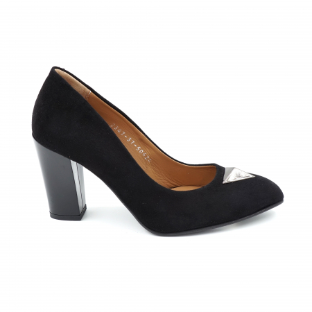 Pantofi dama din piele naturala intoarsa neagra cu varf ascutit si toc mediu gros 8 cm 50624-1-24 [3]