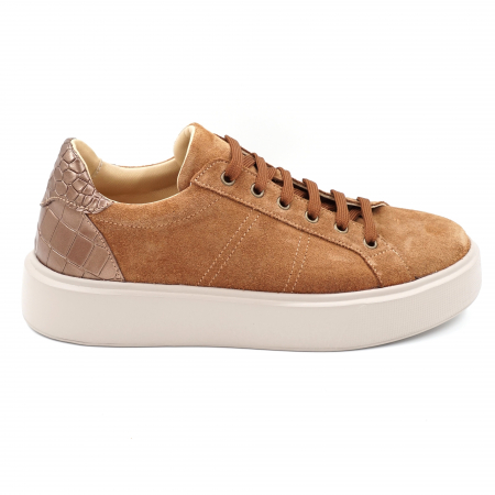 Dama - Pantofi dama tip adidas din piele naturala intoarsa maro coniac si croco mat aramiu cu varf rotund si talpa 4 cm  50621-24