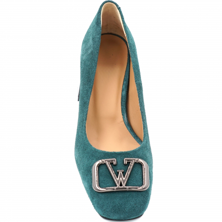 Pantofi dama din piele naturala intoarsa verde smarald cu varf patrat si toc mic gros 4 cm 50224-24 [4]