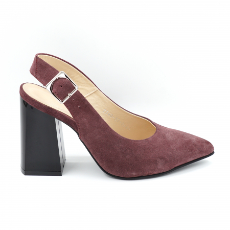 Sandale dama - Sandale dama din piele naturala intoarsa visiniu wine cu varf ascutit stileto si toc inalt gros 9 cm  0224-6-24