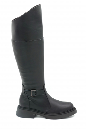 Lichidare stocuri - Cizme dama lungi casual din piele naturala neagra cu varf rotund, talpa 2 cm  si accesoriu metalic 73620-1-23