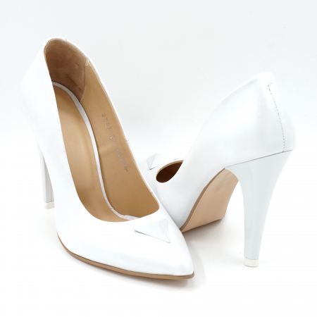 Dama - Pantofi dama din piele naturala alb box satinat cu varf ascutit stileto si toc inalt subtire 10 cm 50624-24