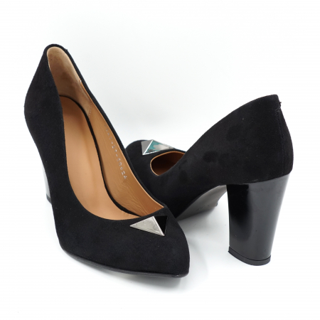 Dama - Pantofi dama din piele naturala intoarsa neagra cu varf ascutit si toc mediu gros 8 cm 50624-1-24