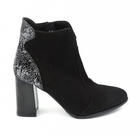 Ghete elegant & office dama - Ghete dama elegante din piele naturala intoarsa neagra si cu imprimeu gri cu negru, cu varf rotund si toc mediu gros 8 cm 71420-23