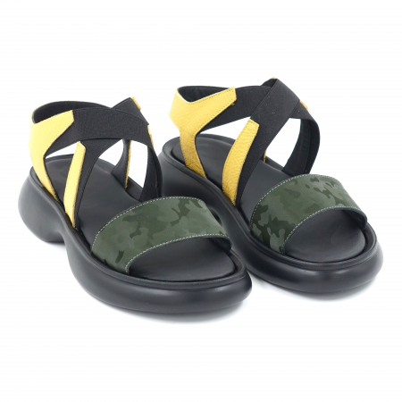 Sandale dama din piele naturala galben bizonat si verde inchis cu imprimeu militar cu varf rotund si talpa joasa 4 cm 1721-24 [3]