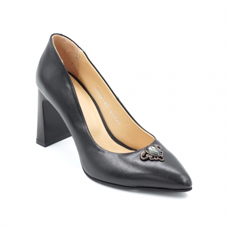 Pantofi dama din piele naturala simpla neagra cu varf ascutit stileto si toc mediu gros tip bricheta 8 cm 51324-1-24 [2]